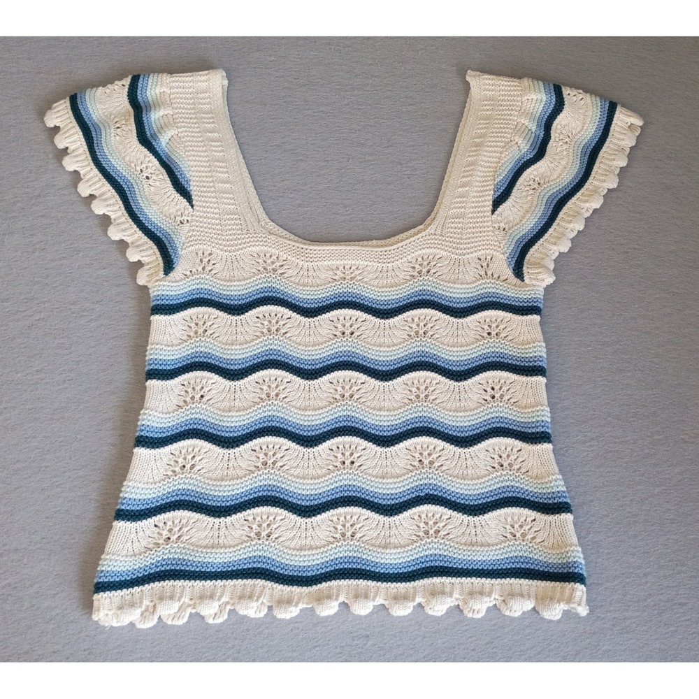 Jessica Simpson Crochet Sweater Crop Top Boho Festival‎ Hippie Cream Blue Medium